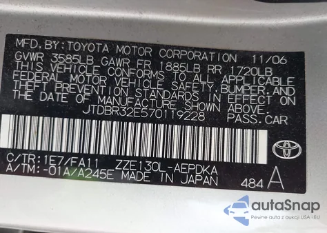 2007 Toyota Corolla Ce z USA, uszkodzony, nr VIN JTDBR32E570119228